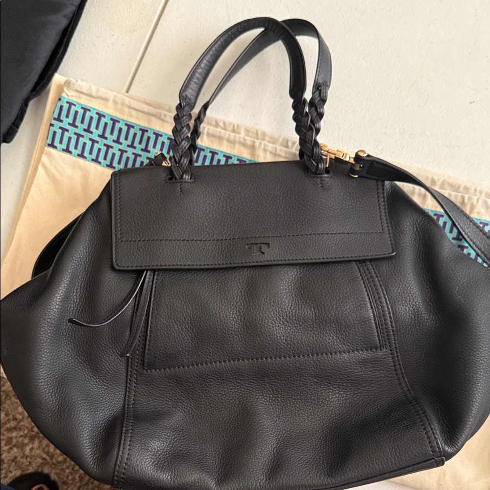 Tory Burch Black Leather Tote with Braided Handles